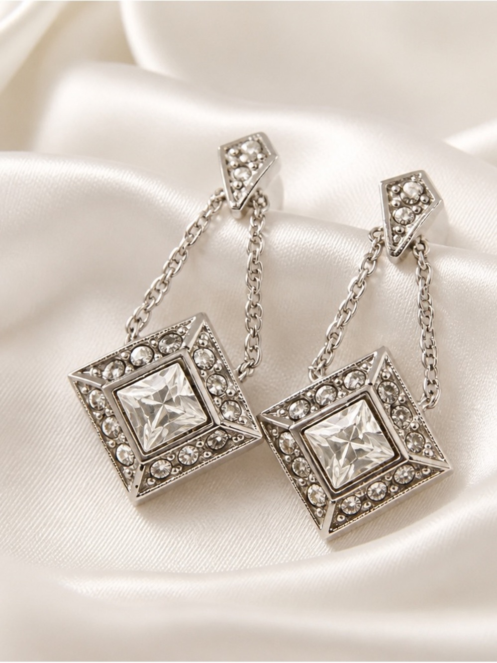 Vintage 1992 Avon Silver-Tone Drop Earrings with Clear Stones